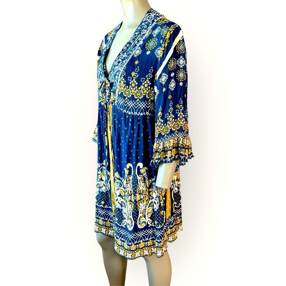 Millenium New Top Blouse Tunic Dress Womens L Bohemian Paisley Navy Gold Peasant - Picture 2 of 12